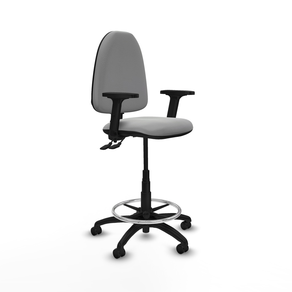 Taburete Aýna CPDM similpiel gris claro brazos 2D base poliamida ruedas autofrenantes 50mm