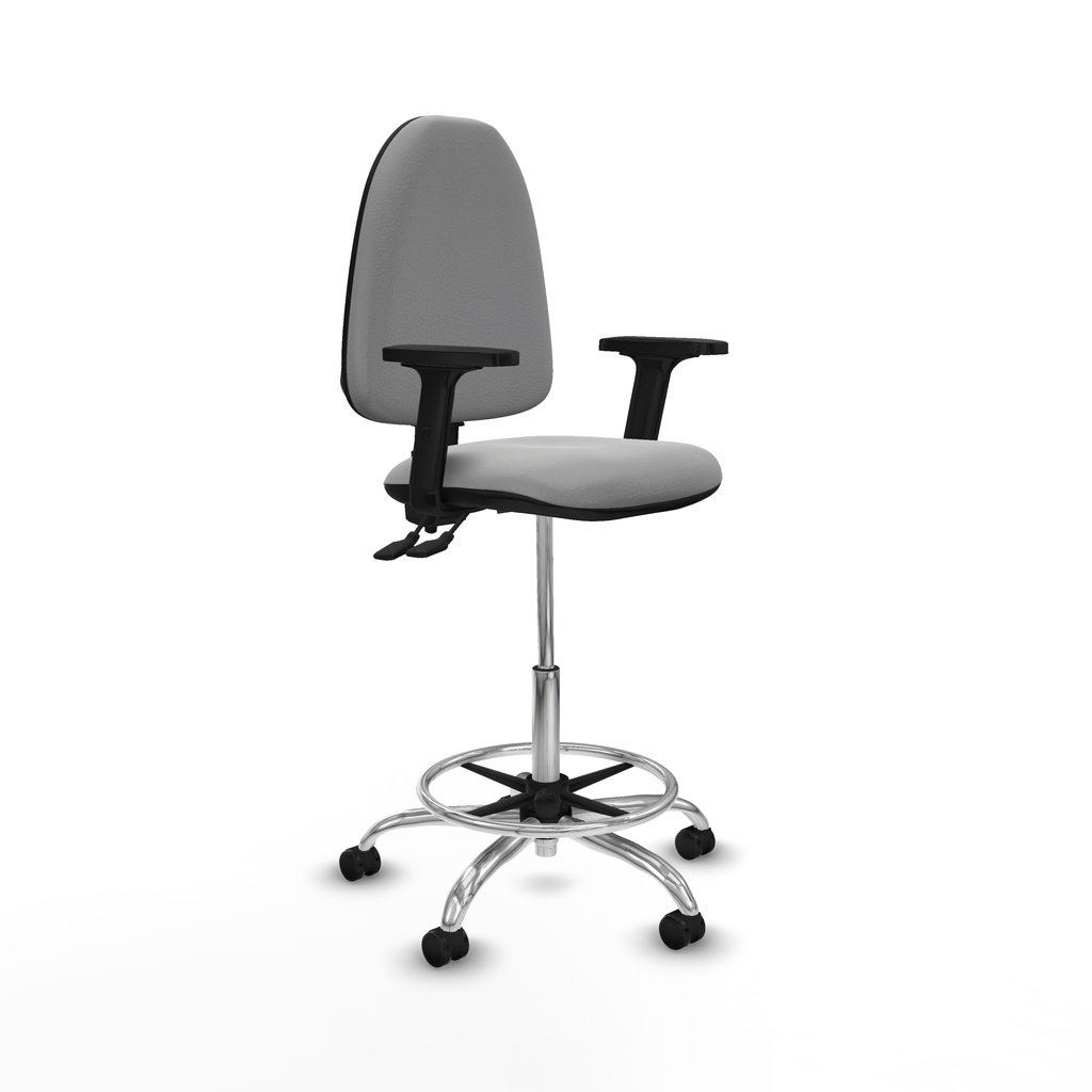 Taburete Aýna CPDM similpiel gris claro brazos 2D base cromada ruedas autofrenantes 50mm