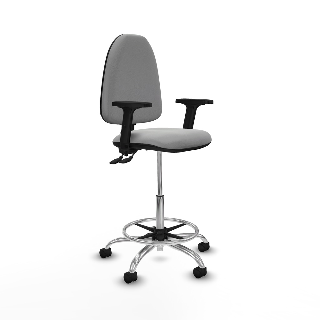 Taburete Aýna CPDM similpiel gris claro brazos 2D base cromada ruedas nailon 50mm