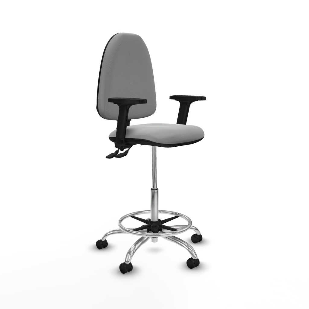Taburete Aýna CPDM similpiel gris claro brazos 2D base cromada ruedas engomadas 50mm