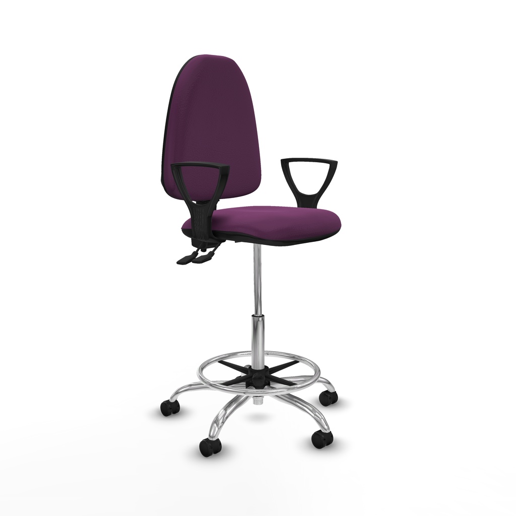 Taburete Aýna CPDM similpiel morado brazos fijos base cromada ruedas autofrenantes 50mm