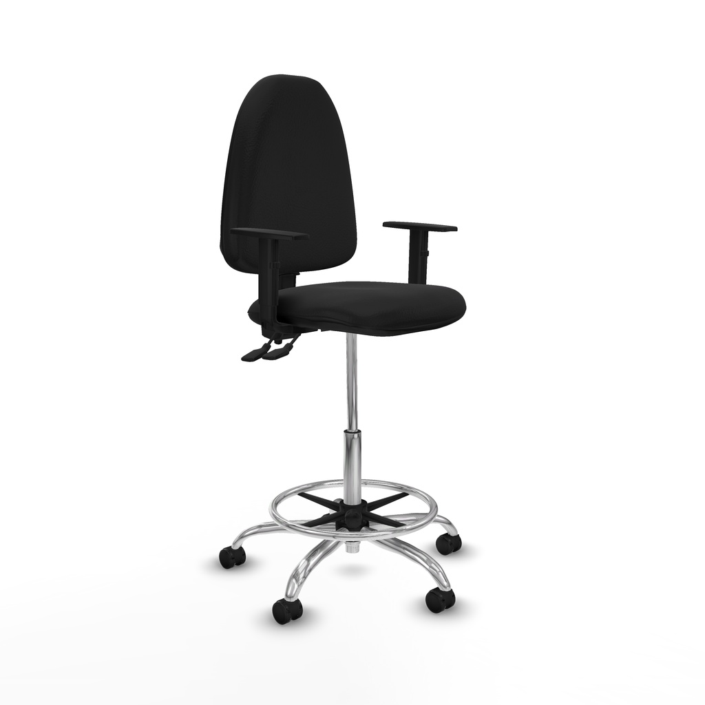 Taburete Aýna CPDM similpiel negro brazos 1D base cromada ruedas autofrenantes 50mm