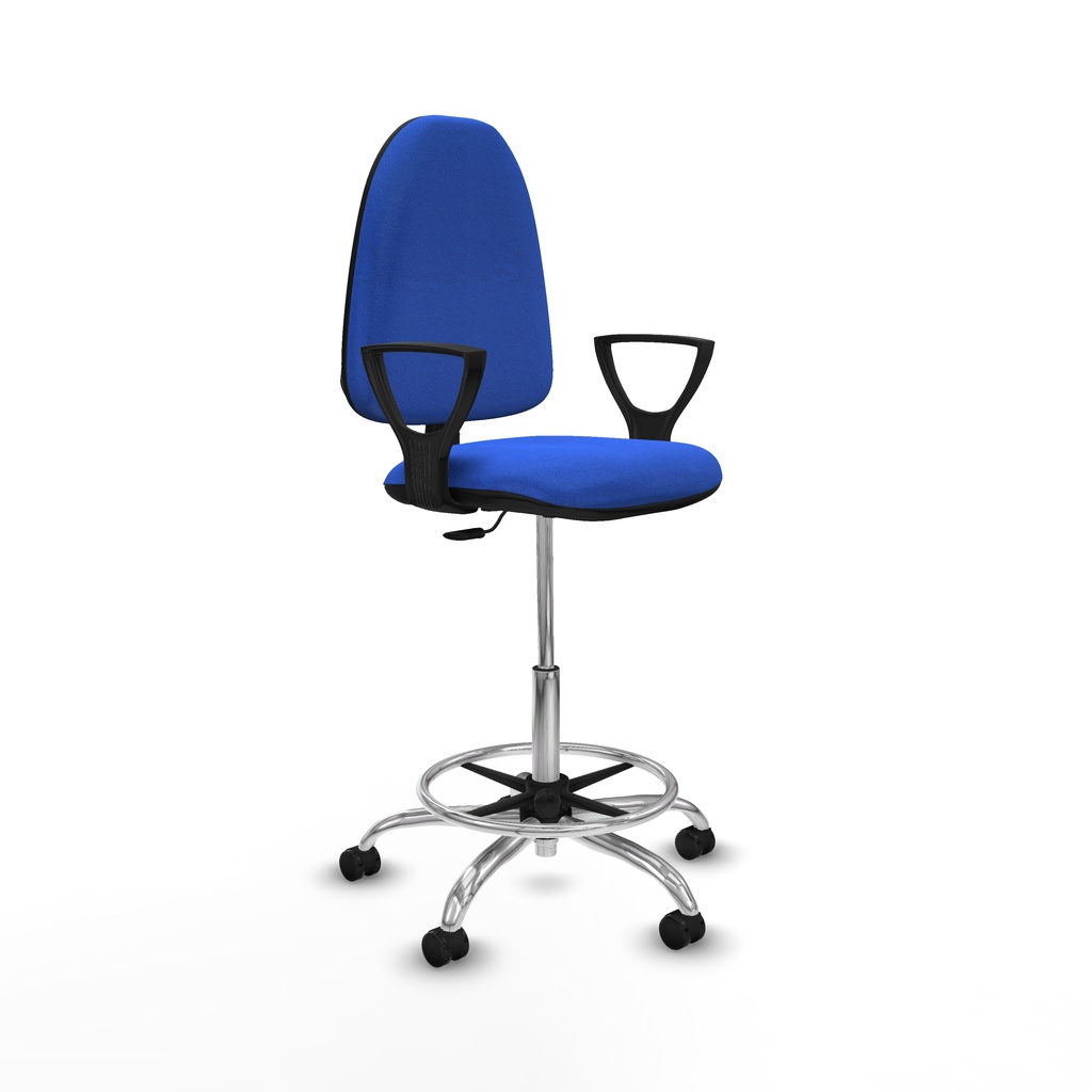 Taburete Aýna CP bali azul brazos fijos base cromada ruedas engomadas 50mm