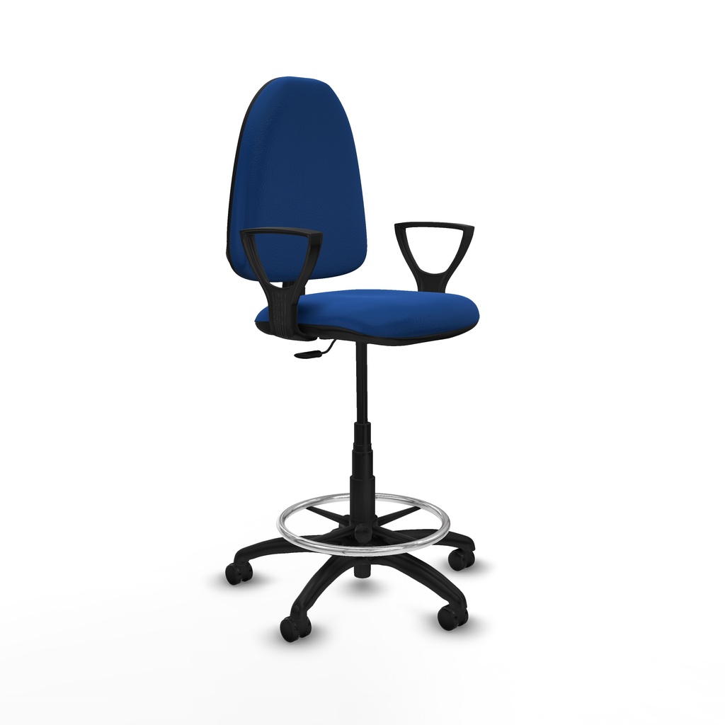 Taburete Aýna CP similpiel azul brazos fijos base poliamida ruedas engomadas 50mm