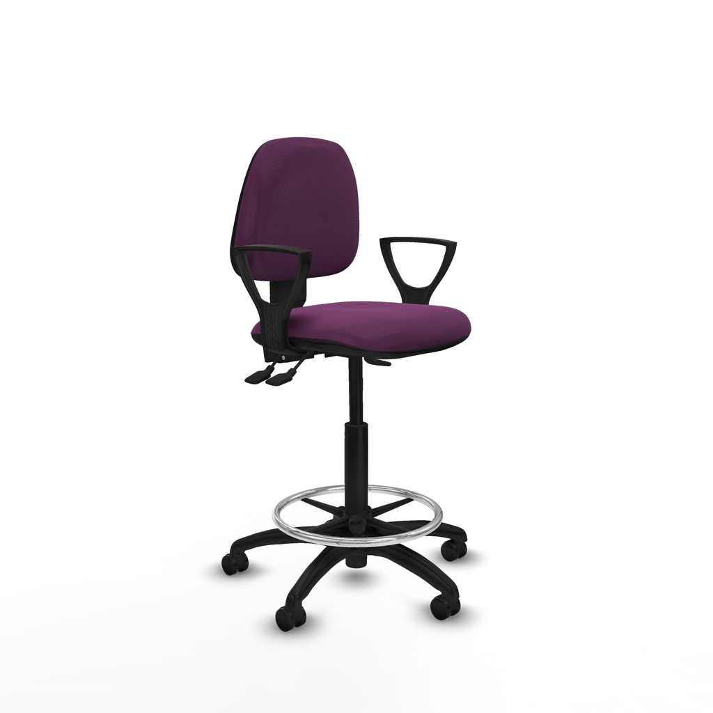 Taburete Isso AS similpiel morado brazos fijos base poliamida ruedas autofrenantes 50mm