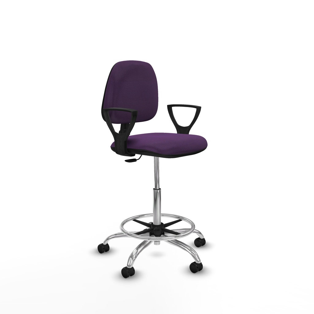 Taburete Isso CP bali morado brazos fijos base cromada ruedas autofrenantes 50mm