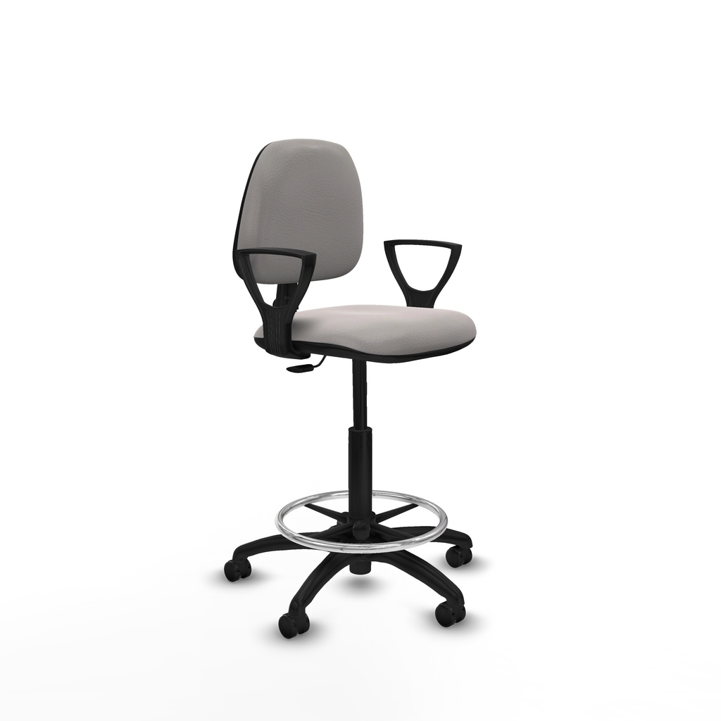 Taburete Isso CP similpiel blanco brazos fijos base poliamida ruedas autofrenantes 50mm