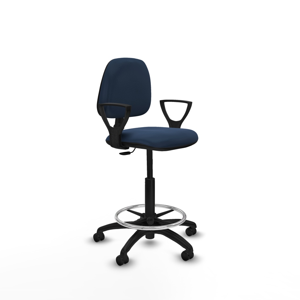 Taburete Isso CP similpiel azul marino brazos fijos base poliamida ruedas engomadas 50mm