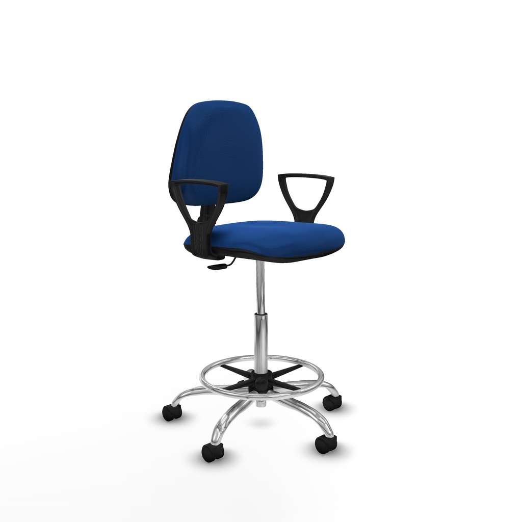 Taburete Isso CP similpiel azul brazos fijos base cromada ruedas nailon 50mm