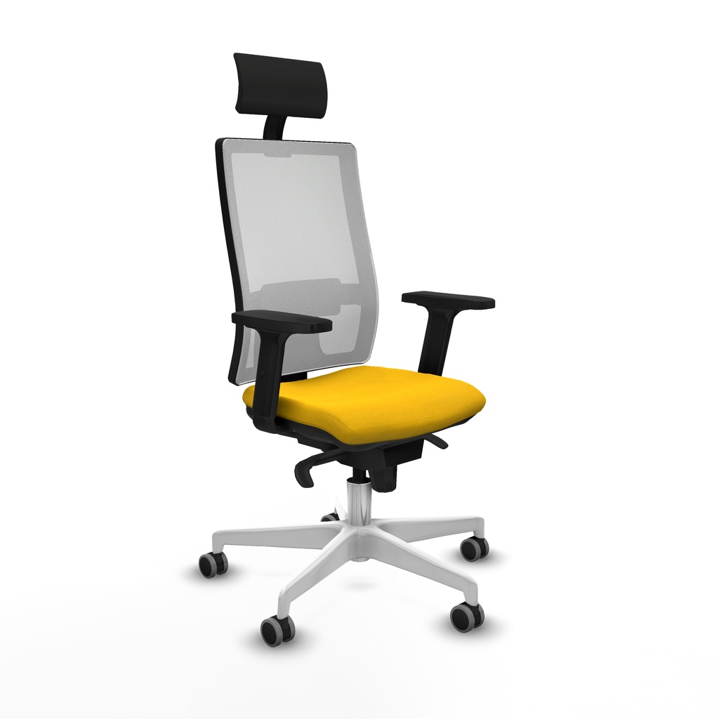 Horna sincro malla blanca bali amarillo brazos 2D base blanca cabecero fijo ruedas 65mm engomadas