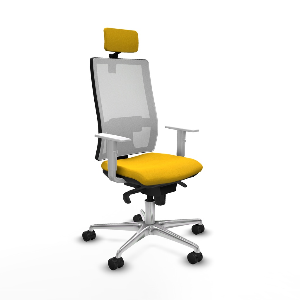 Horna sincro malla blanca bali amarillo brazos blancos base aluminio cabecero 2D ruedas 65mm nailon