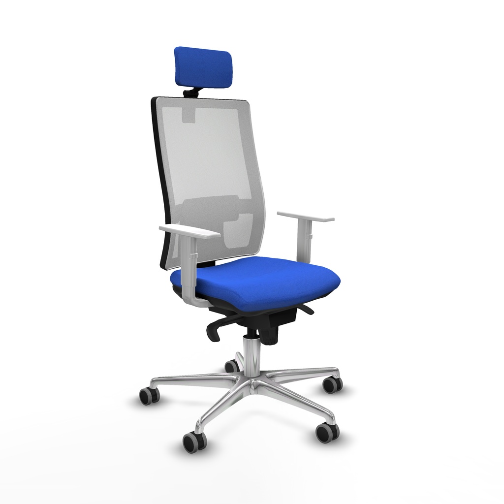 Horna sincro malla blanca bali azul brazos blancos base aluminio cabecero 2D ruedas 65mm engomadas