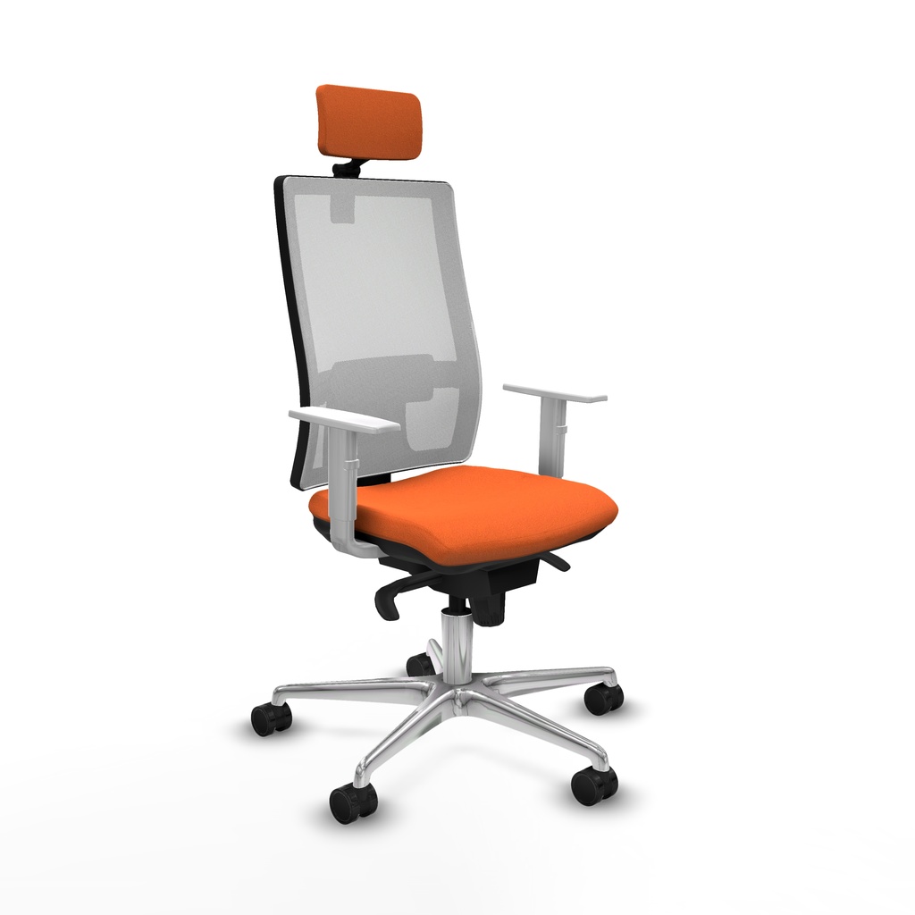 Horna sincro malla blanca bali naranja brazos blancos base aluminio cabecero 2D ruedas 65mm nailon