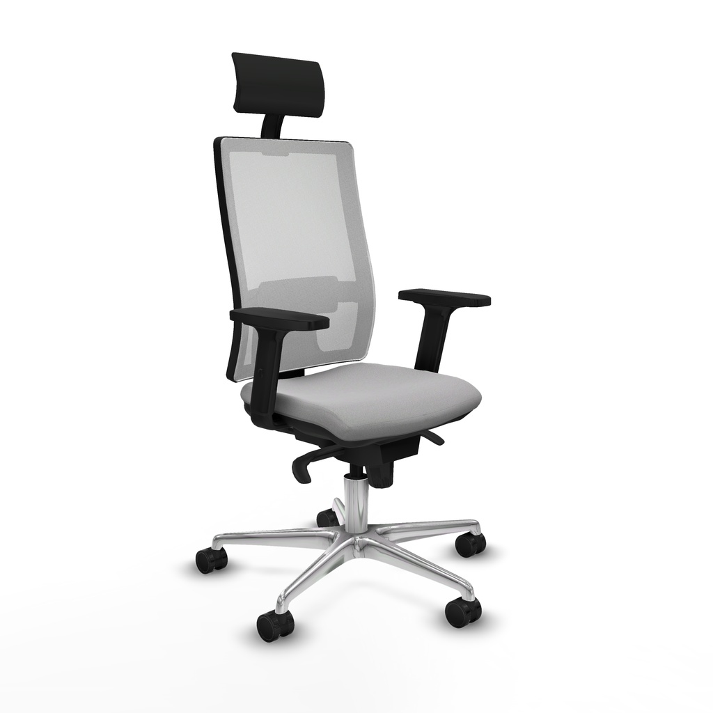 Horna sincro malla blanca bali gris claro brazos 2D base aluminio cabecero fijo ruedas 65mm nailon