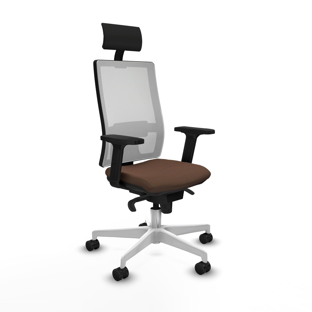Horna sincro malla blanca bali marrón oscuro brazos 2D base blanca cabecero fijo ruedas 65mm nailon