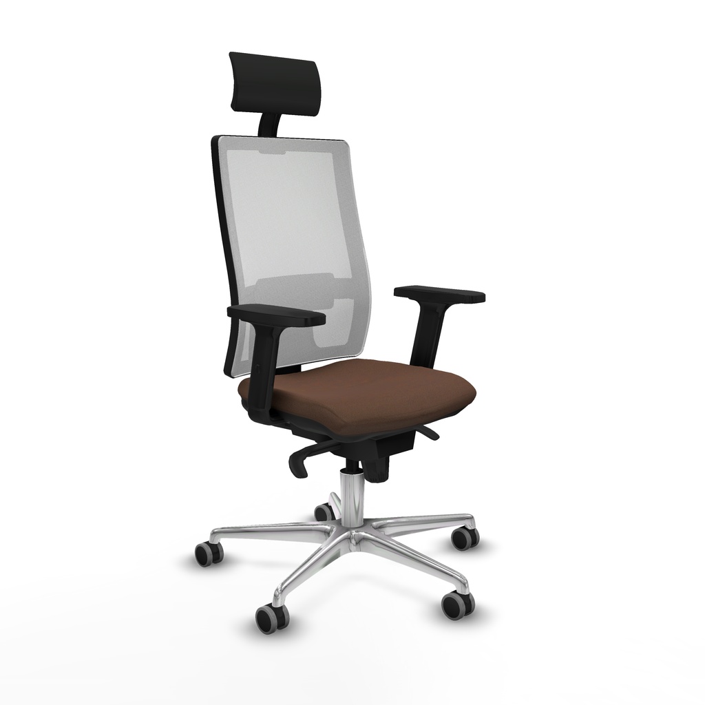 Horna sincro malla blanca bali marrón oscuro brazos 2D base aluminio cabecero fijo ruedas 65mm engomadas
