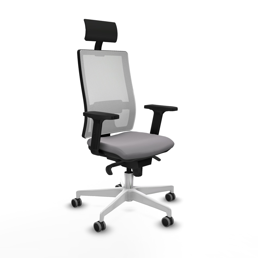 Horna sincro malla blanca similpiel gris brazos 2D base blanca cabecero fijo ruedas 65mm engomadas