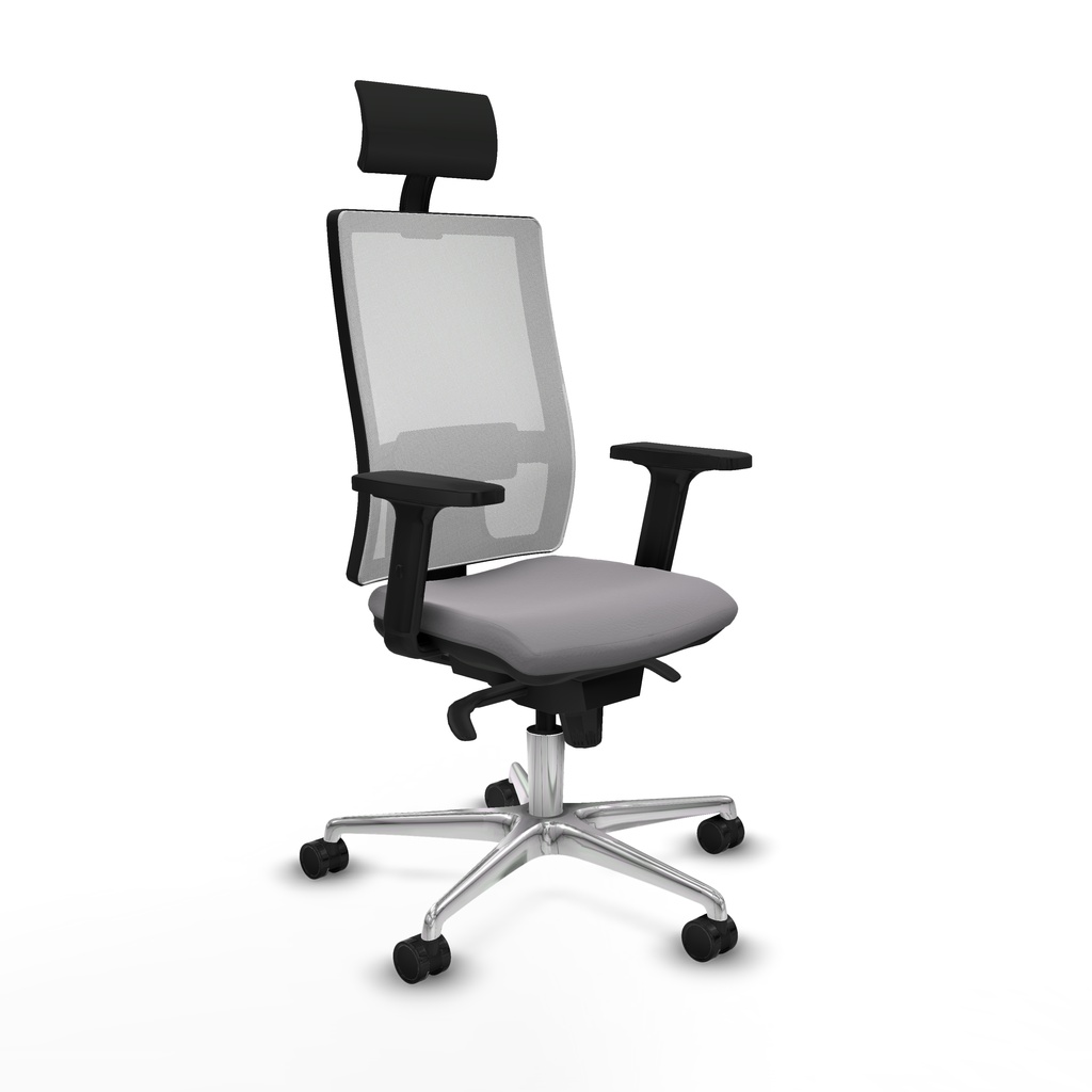 Horna sincro malla blanca similpiel gris brazos 2D base aluminio cabecero fijo ruedas 65mm nailon