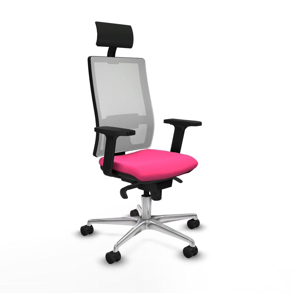 Horna sincro malla blanca similpiel rosa brazos 2D base aluminio cabecero fijo ruedas 65mm nailon