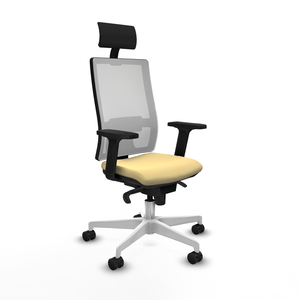 [10S4M2S25B2D026N1] Horna sincro malla blanca similpiel crema brazos 2D base blanca cabecero fijo ruedas 65mm nailon