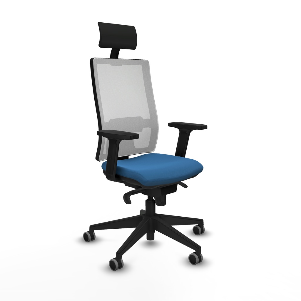 Horna sincro malla blanca similpiel azul claro brazos 2D base piramidal cabecero fijo ruedas 65mm engomadas