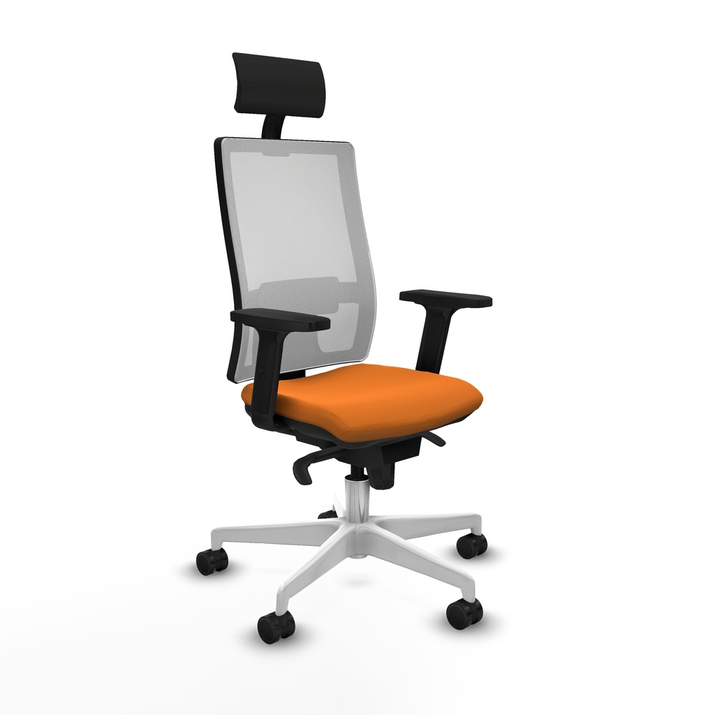 Horna sincro malla blanca similpiel naranja brazos 2D base blanca cabecero fijo ruedas 65mm nailon