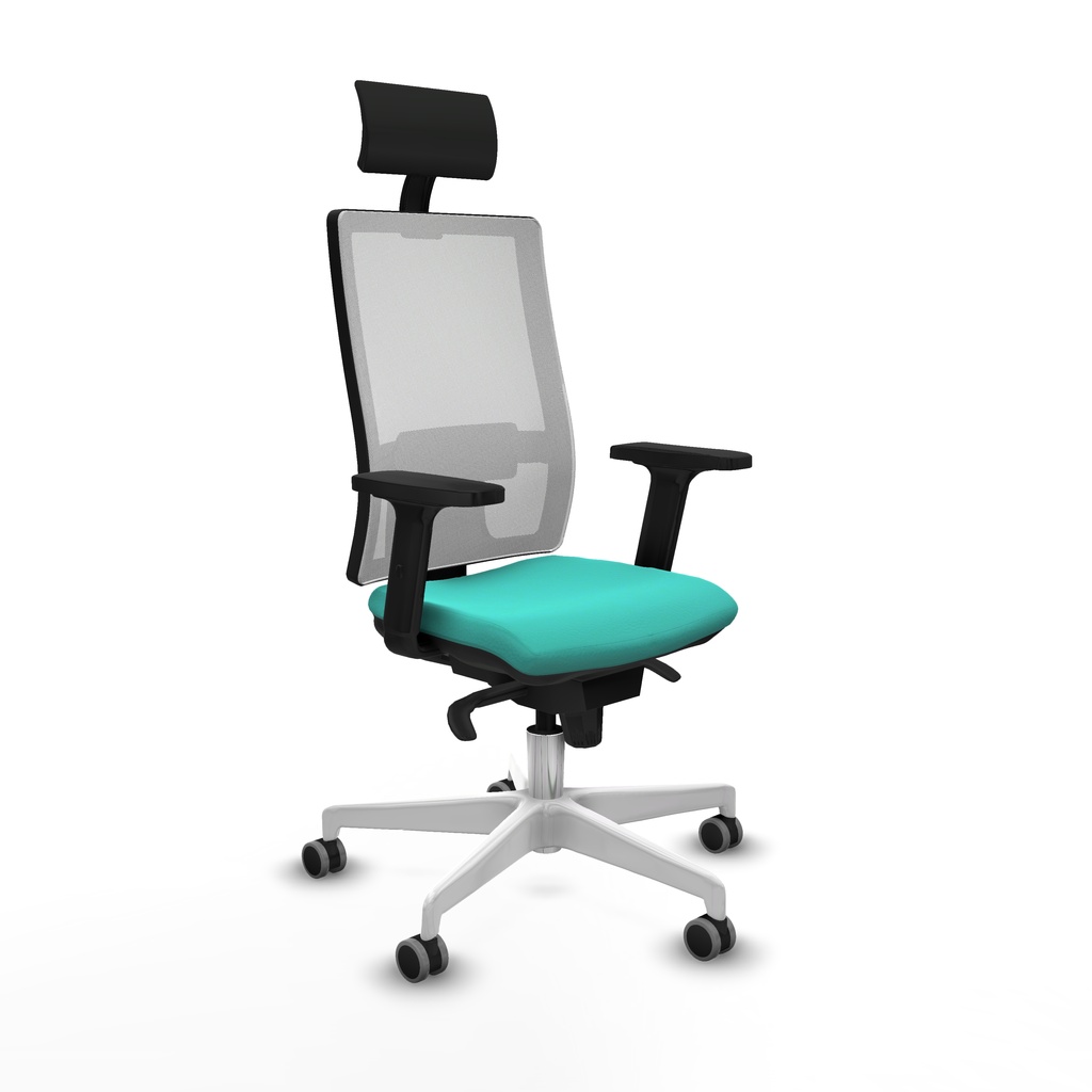 [10S4M2S39B2D026G1] Horna sincro malla blanca similpiel turquesa brazos 2D base blanca cabecero fijo ruedas 65mm engomadas