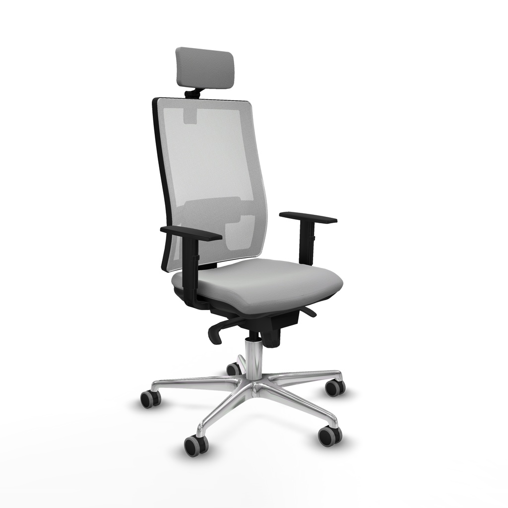 Horna sincro malla blanca similpiel gris claro brazos 1D base aluminio cabecero 2D ruedas 65mm engomadas