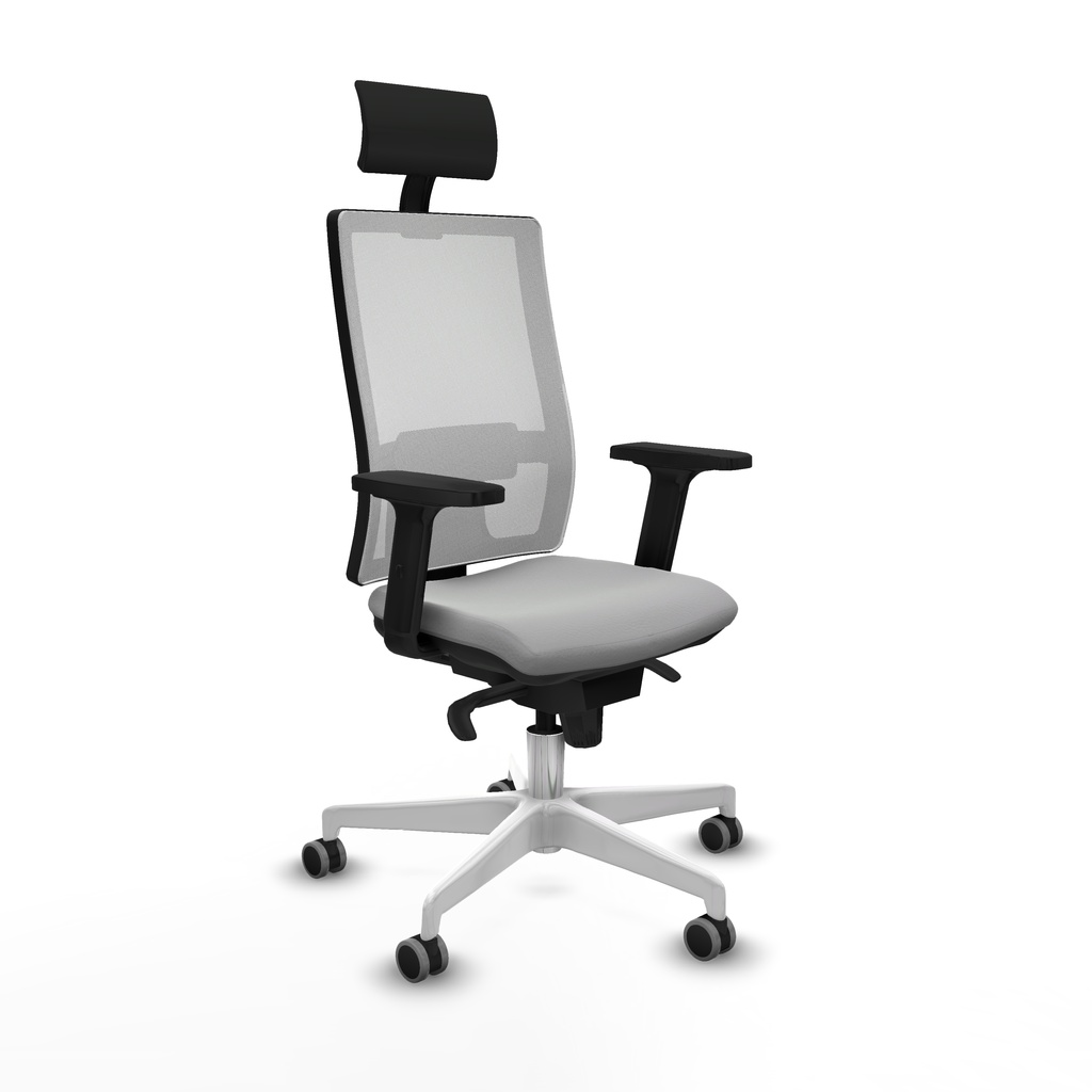 Horna sincro malla blanca similpiel gris claro brazos 2D base blanca cabecero fijo ruedas 65mm engomadas