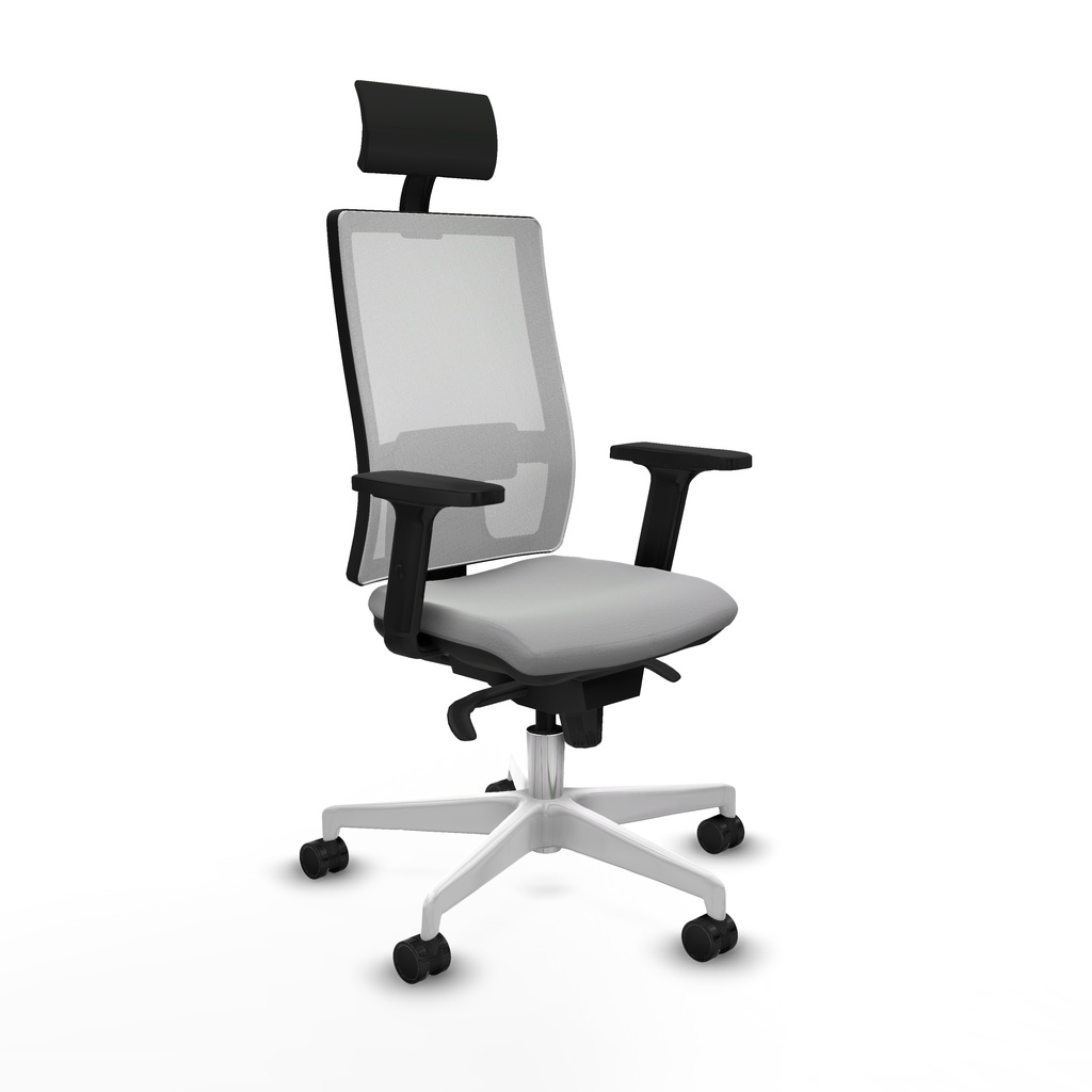 Horna sincro malla blanca similpiel gris claro brazos 2D base blanca cabecero fijo ruedas 65mm nailon