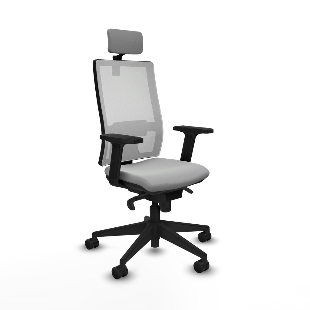 Horna sincro malla blanca similpiel gris claro brazos 2D base piramidal cabecero 2D ruedas 65mm nailon