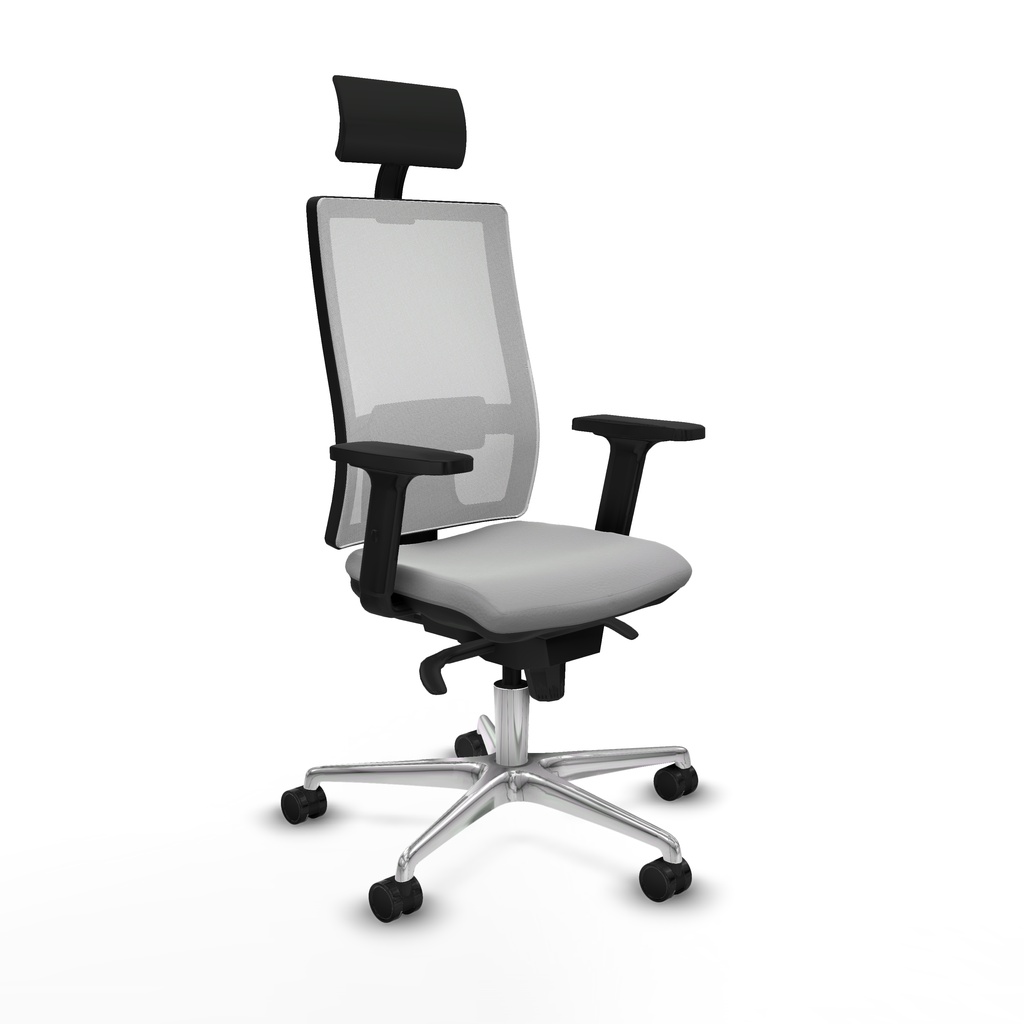 Horna sincro malla blanca similpiel gris claro brazos 2D base aluminio cabecero fijo ruedas 65mm nailon
