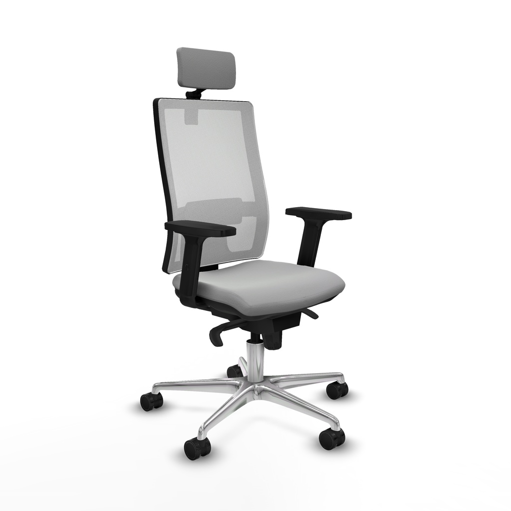 Horna sincro malla blanca similpiel gris claro brazos 2D base aluminio cabecero 2D ruedas 65mm nailon