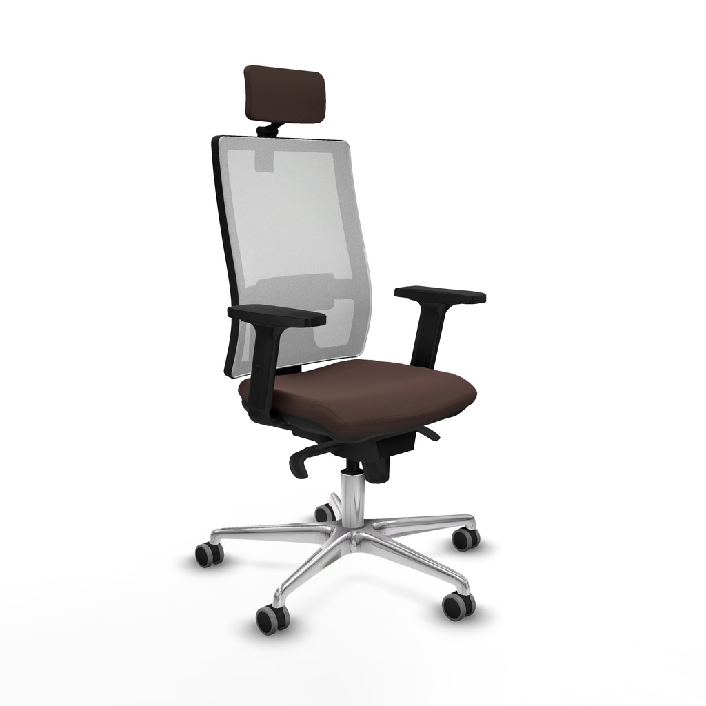 Horna sincro malla blanca similpiel marrón oscuro brazos 2D base aluminio cabecero 2D ruedas 65mm engomadas