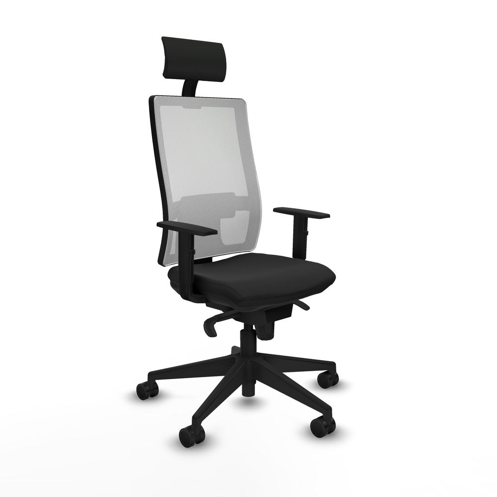 Horna sincro malla blanca similpiel negro brazos 1D base piramidal cabecero fijo ruedas 65mm nailon