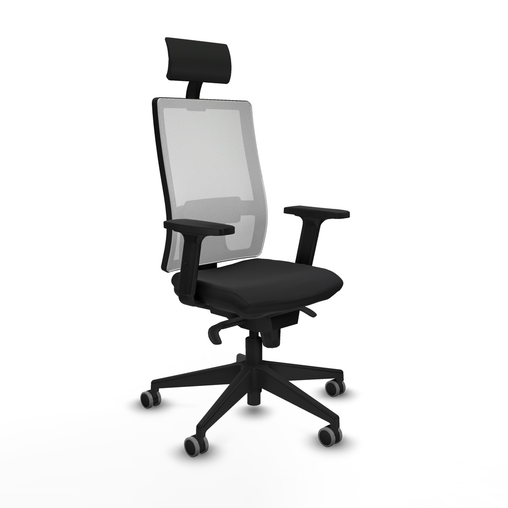 Horna sincro malla blanca similpiel negro brazos 2D base piramidal cabecero fijo ruedas 65mm engomadas