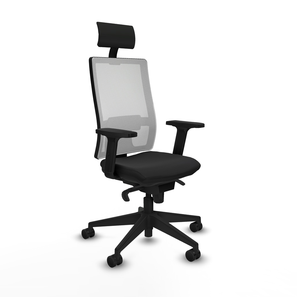 Horna sincro malla blanca similpiel negro brazos 2D base piramidal cabecero fijo ruedas 65mm nailon