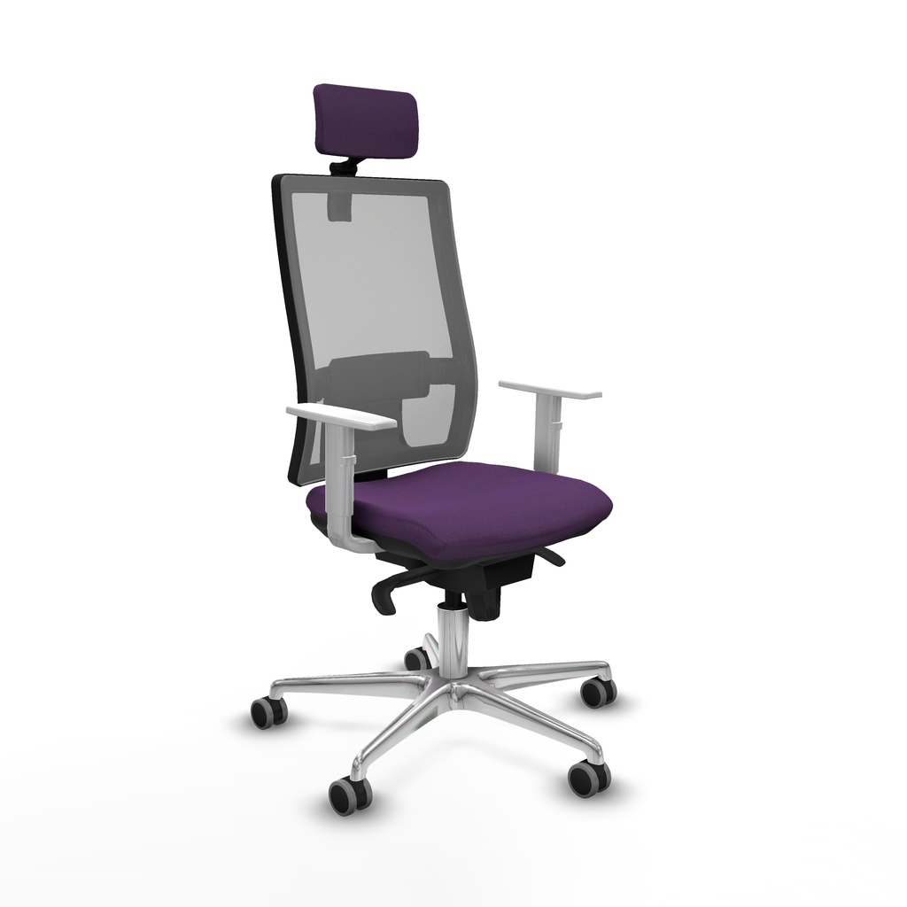 Horna sincro malla gris bali morado brazos blancos base aluminio cabecero 2D ruedas 65mm engomadas