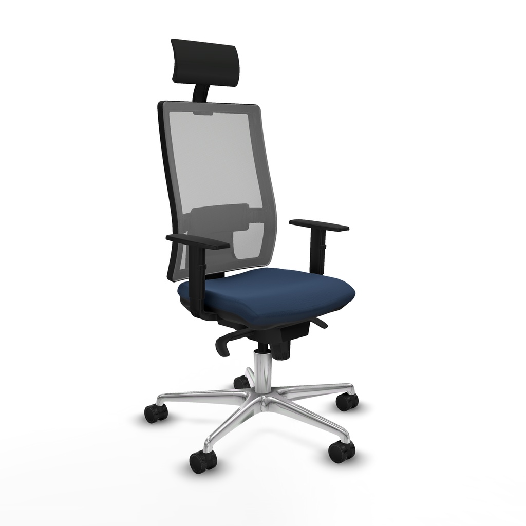 Horna sincro malla gris similpiel azul marino brazos 1D base aluminio cabecero fijo ruedas 65mm nailon
