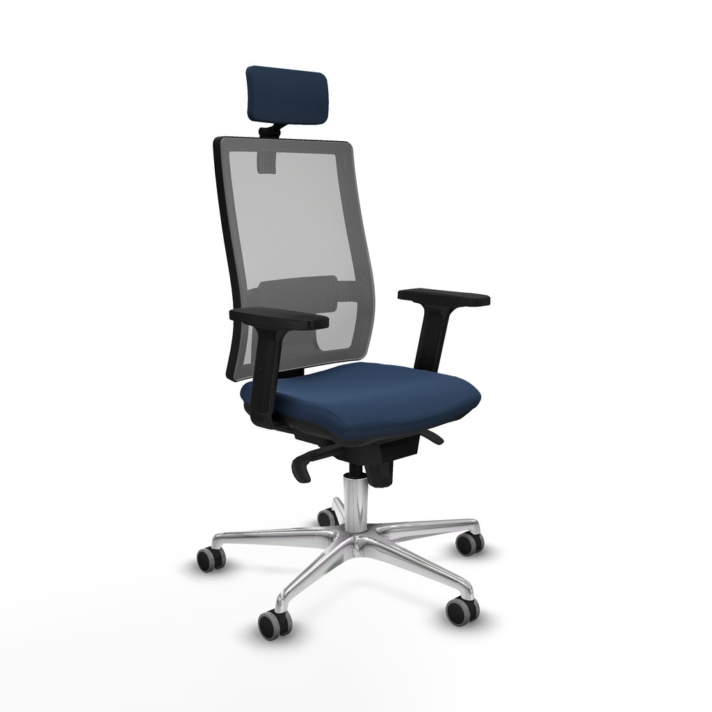 Horna sincro malla gris similpiel azul marino brazos 2D base aluminio cabecero 2D ruedas 65mm engomadas