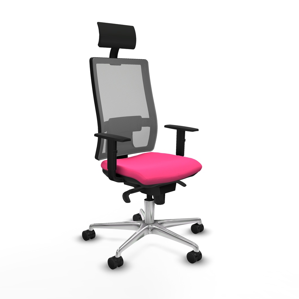 Horna sincro malla gris similpiel rosa brazos 1D base aluminio cabecero fijo ruedas 65mm nailon