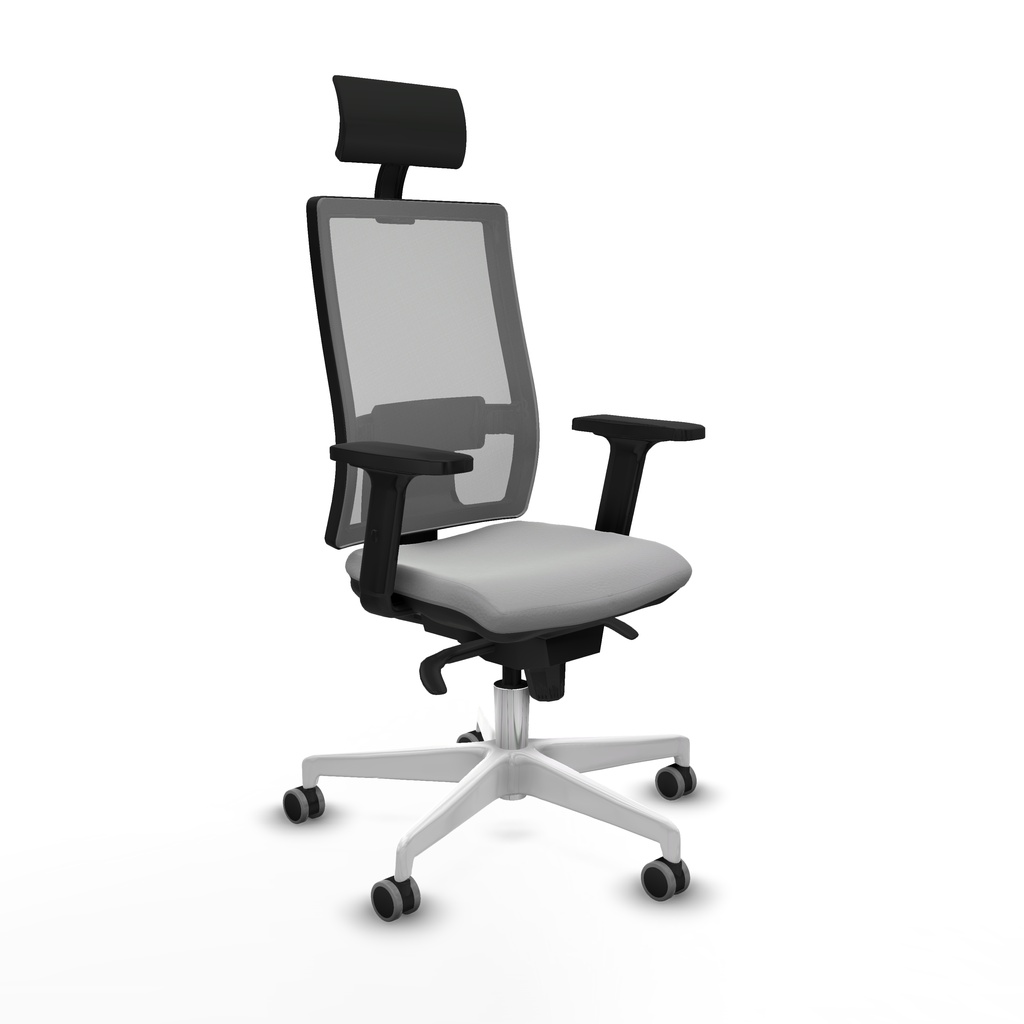 Horna sincro malla gris similpiel gris claro brazos 2D base blanca cabecero fijo ruedas 65mm engomadas