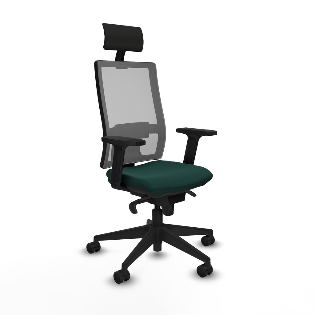 Horna sincro malla gris similpiel verde botella brazos 2D base piramidal cabecero fijo ruedas 65mm nailon