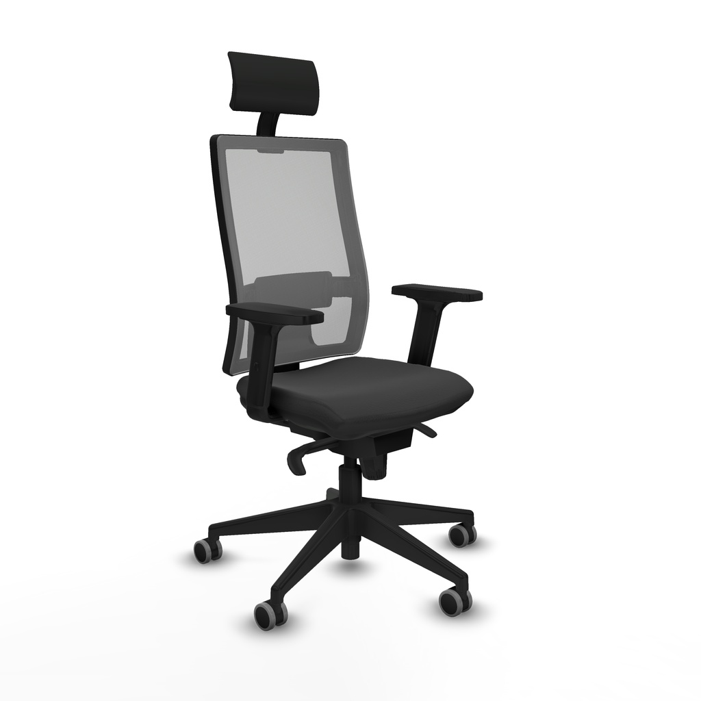 Horna sincro malla gris similpiel gris oscuro brazos 2D base piramidal cabecero fijo ruedas 65mm engomadas