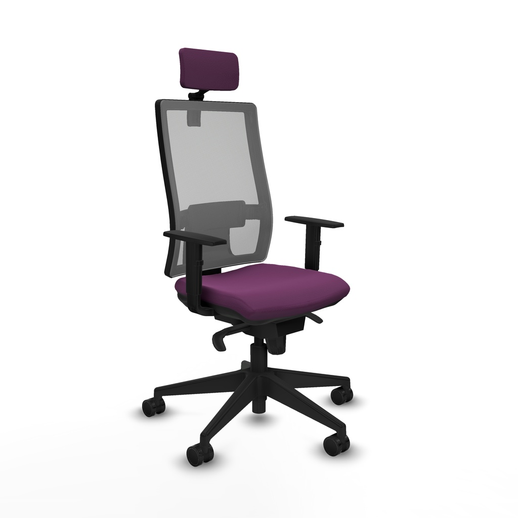 Horna sincro malla gris similpiel morado brazos 1D base piramidal cabecero 2D ruedas 65mm nailon