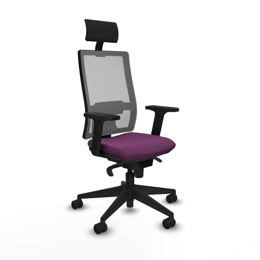 Horna sincro malla gris similpiel morado brazos 2D base piramidal cabecero fijo ruedas 65mm nailon