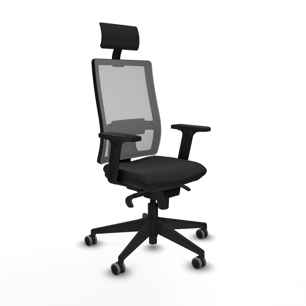 Horna sincro malla gris similpiel negro brazos 2D base piramidal cabecero fijo ruedas 65mm engomadas