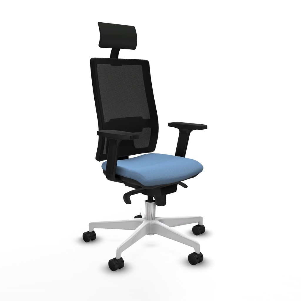 [10S4M5B13B2D026N1] Horna sincro malla negra bali azul cielo brazos 2D base blanca cabecero fijo ruedas 65mm nailon