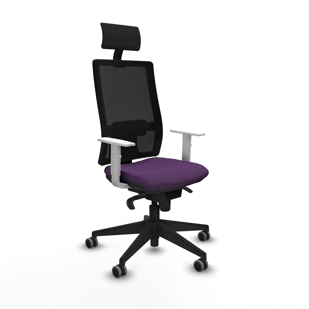 Horna sincro malla negra bali morado brazos blancos base piramidal cabecero fijo ruedas 65mm engomadas