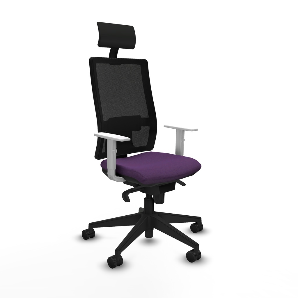 Horna sincro malla negra bali morado brazos blancos base piramidal cabecero fijo ruedas 65mm nailon